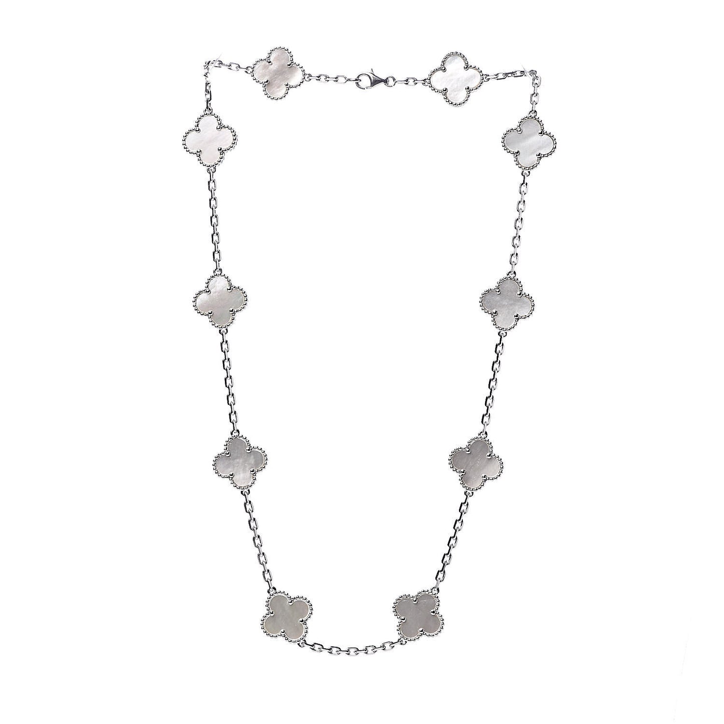18K White Gold Mother of Pearl 10 Motifs Vintage Alhambra Necklace