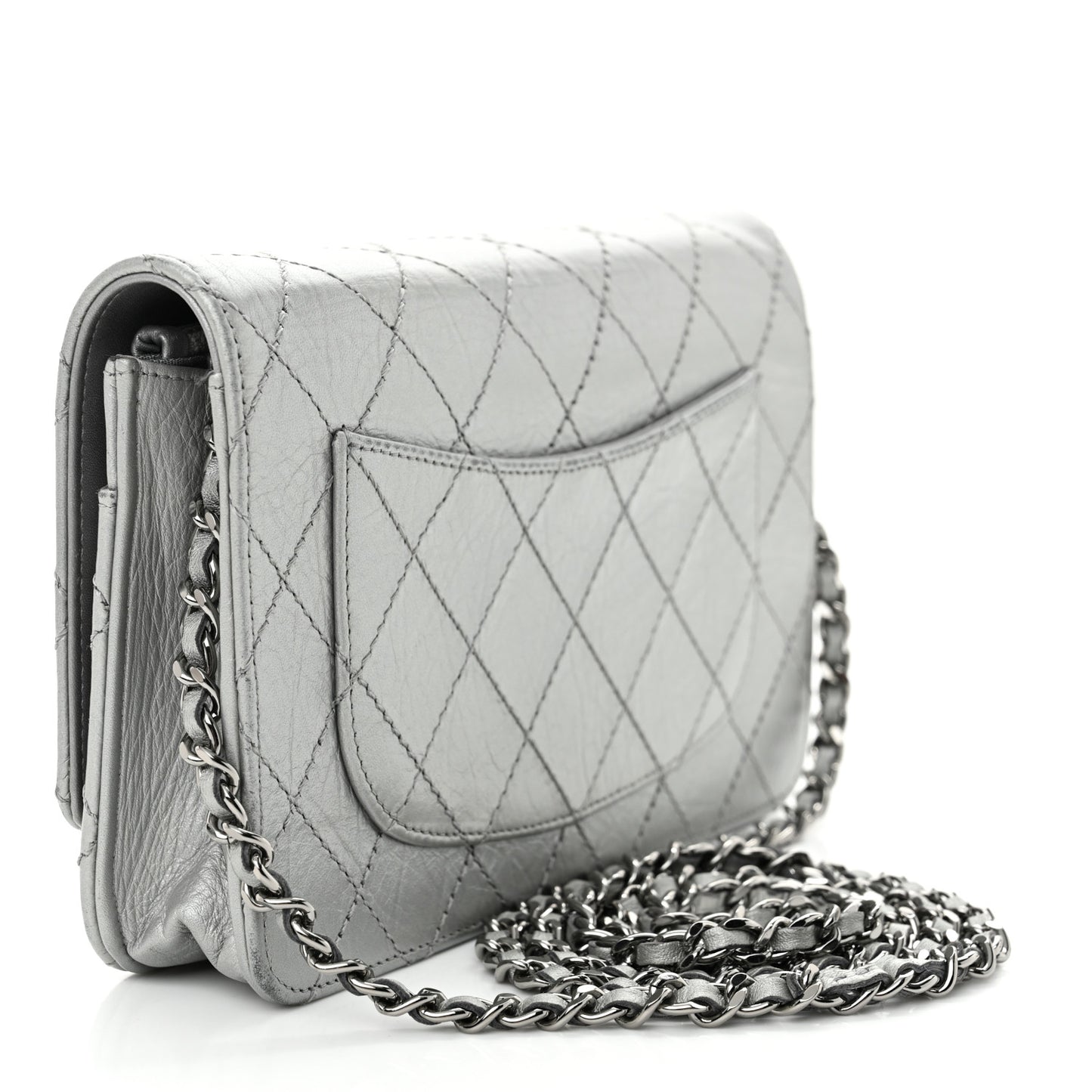 Metallic Aged Calfskin Quilted Reissue Wallet On Chain WOC Silver