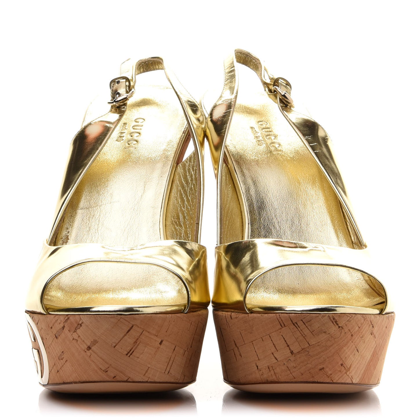 Miroir Calfskin Grease Cork Slingback Platform High Heel Sandals 37 Platino