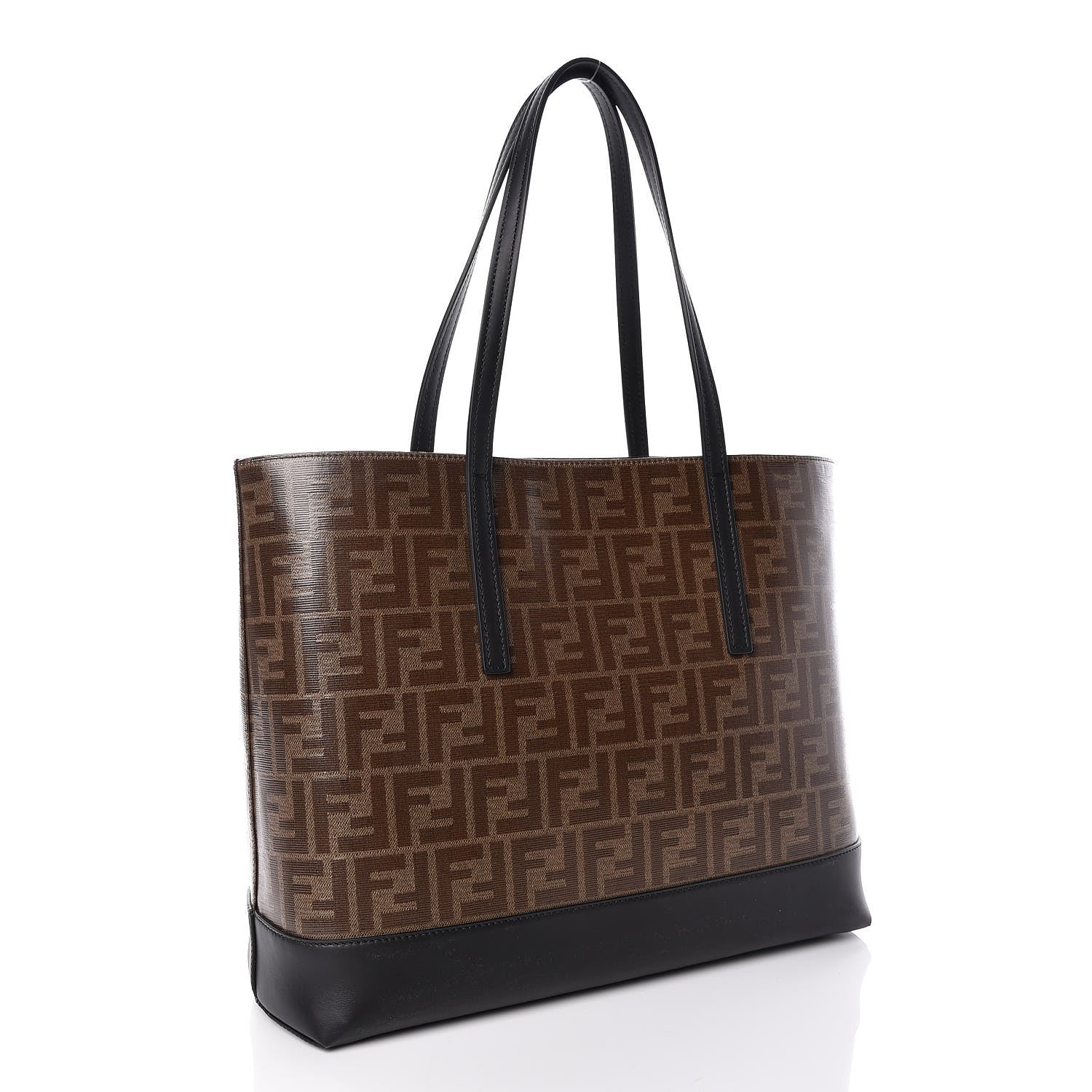 Fendi Glazed Fabric Vitello Century FF 1974 Stamp Patch Shopping Tote Mogano Panna Black 3 of 9