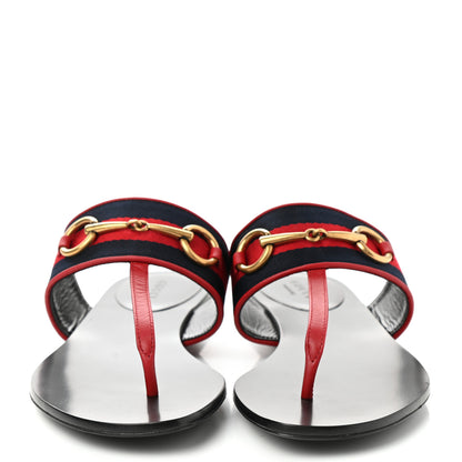 Gucci Nylon Calfskin Web Womens Horsebit Thong Sandals 36.5 Blue Red Black 2 of 8