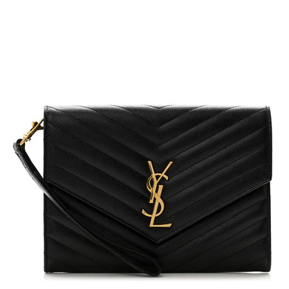 Saint Laurent Grain De Poudre Matelasse Chevron Monogram Envelope Clutch Black 1 of 9