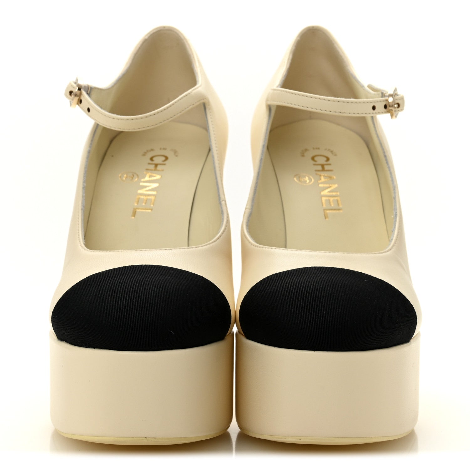 Chanel Lambskin Grosgrain Mary Jane Platform Pumps 38 Ivory Black 3 of 10