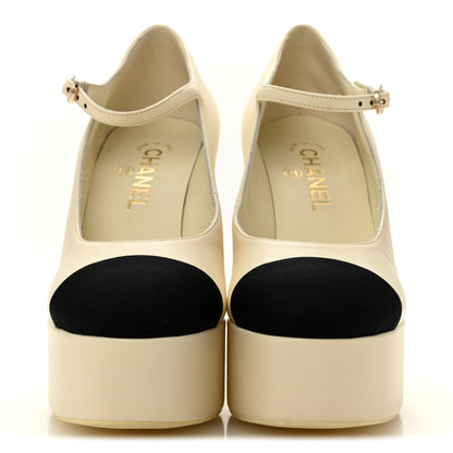 Chanel Lambskin Grosgrain Mary Jane Platform Pumps 38 Ivory Black 3 of 10