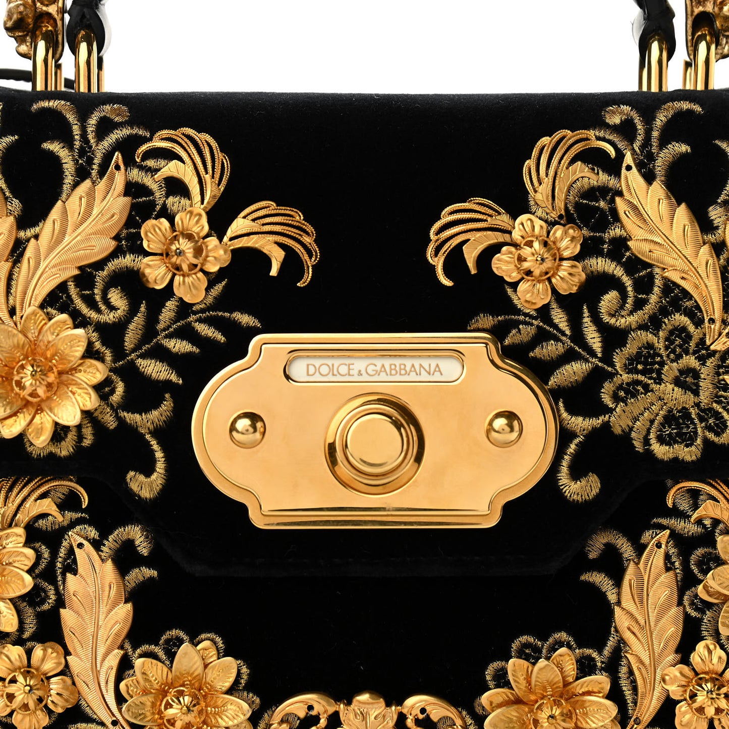 Velvet Floral Embellished Welcome Satchel Black Gold