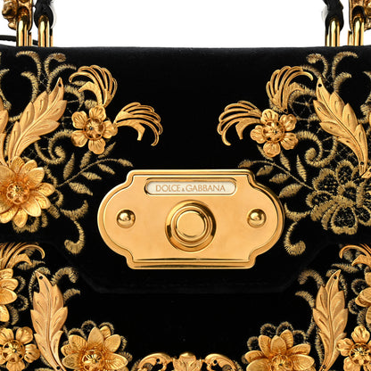 Dolce & Gabbana Velvet Floral Embellished Welcome Satchel Black Gold 7 of 10