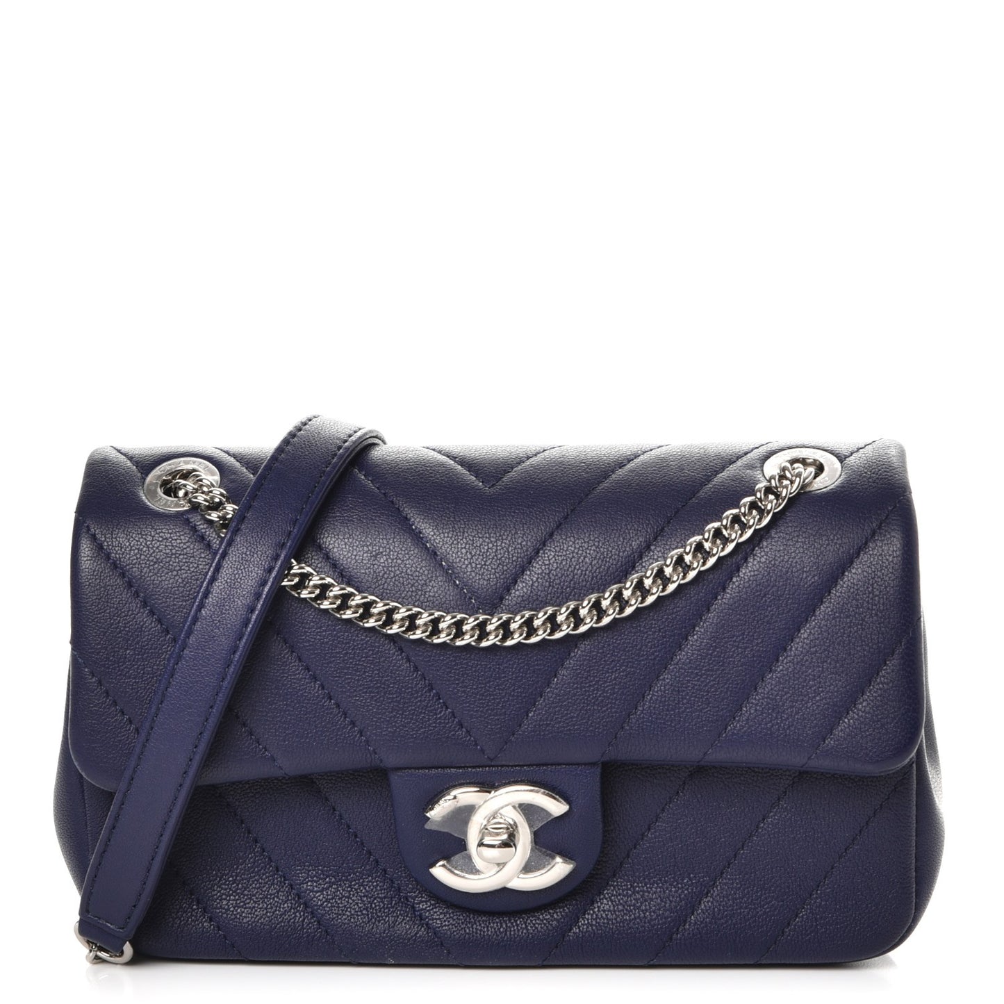 Calfskin Chevron Quilted Mini Rectangular Flap Navy