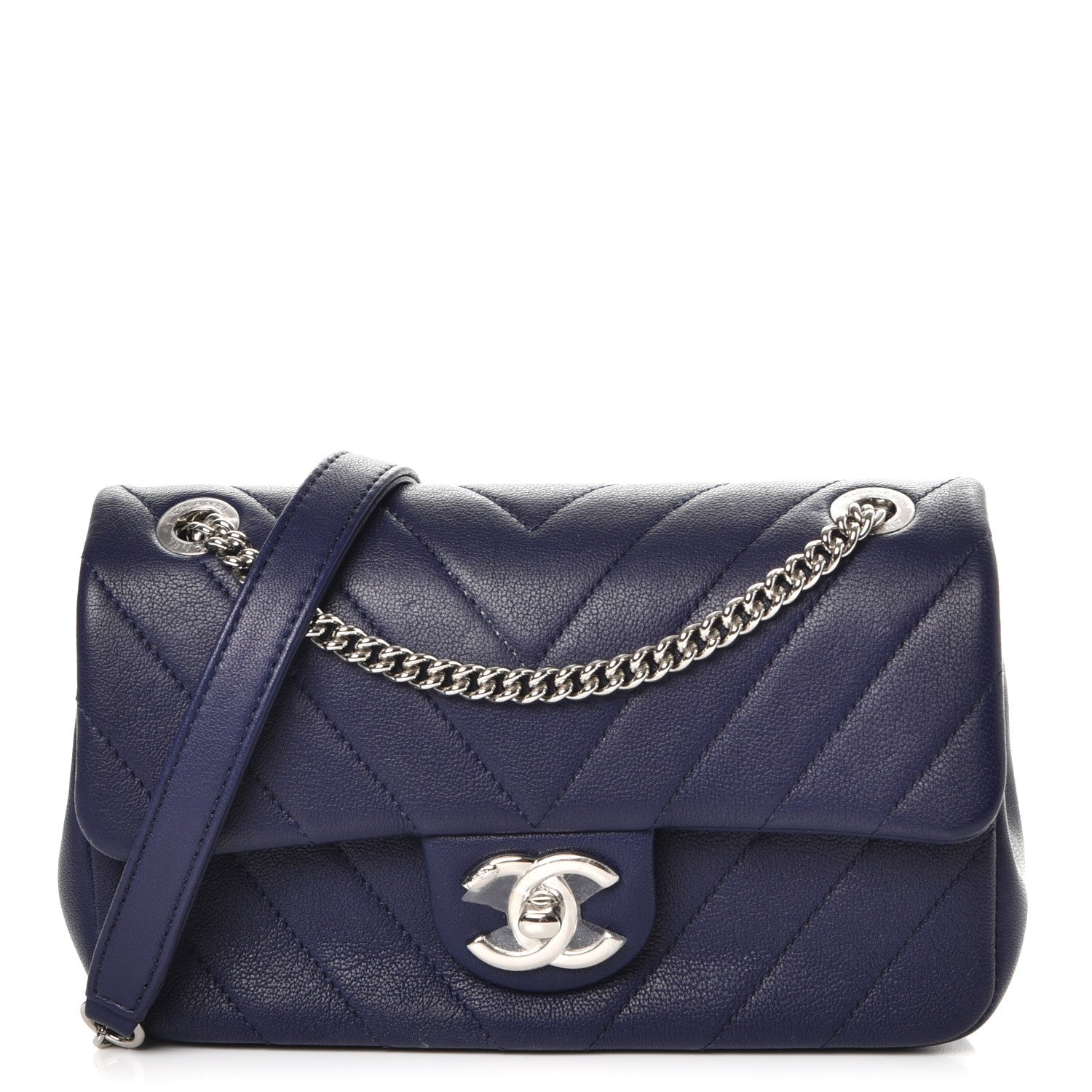Chanel Calfskin Chevron Quilted Mini Rectangular Flap Navy 1 of 10