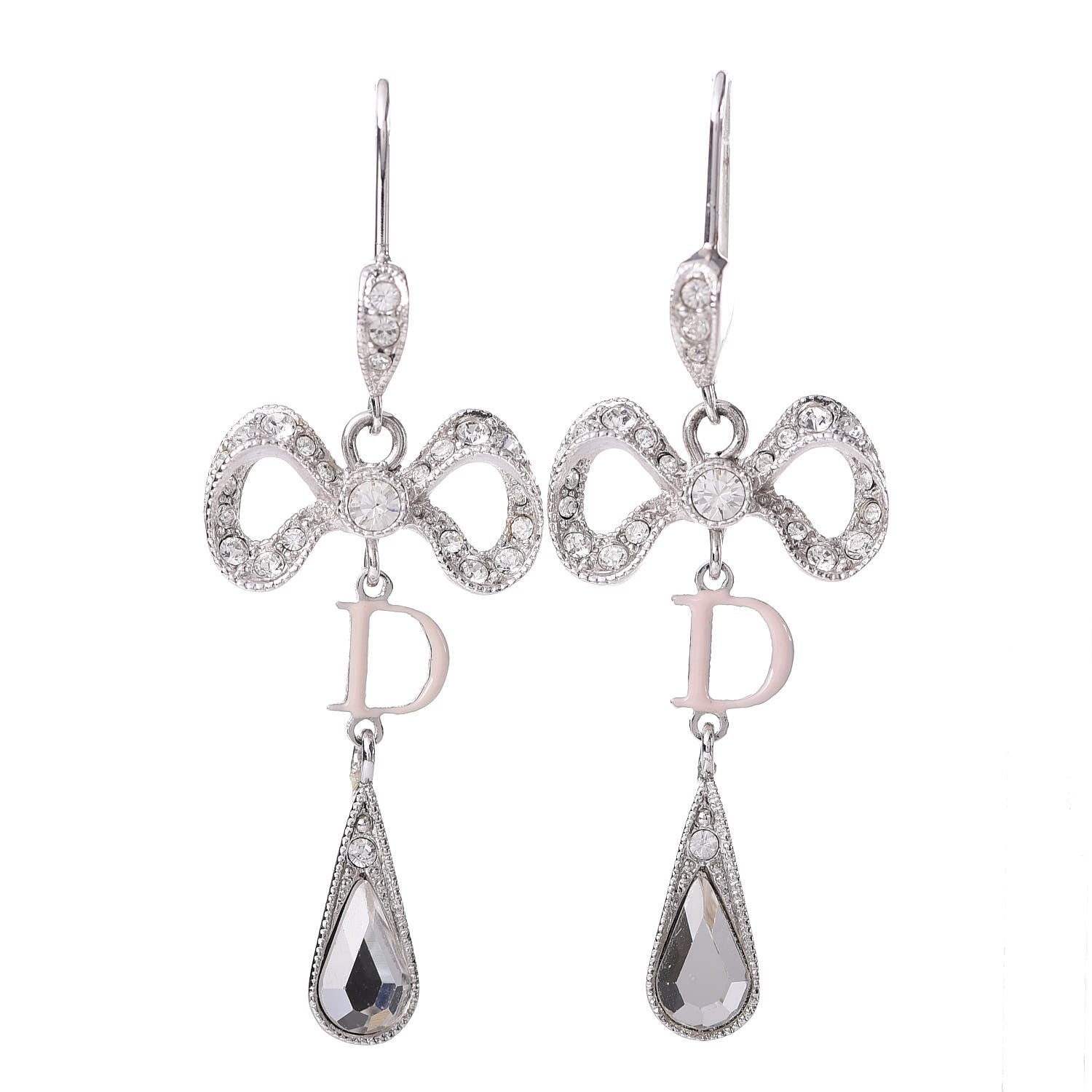 Christian Dior Crystal Bow Hoop Earrings Silver 1 of 4