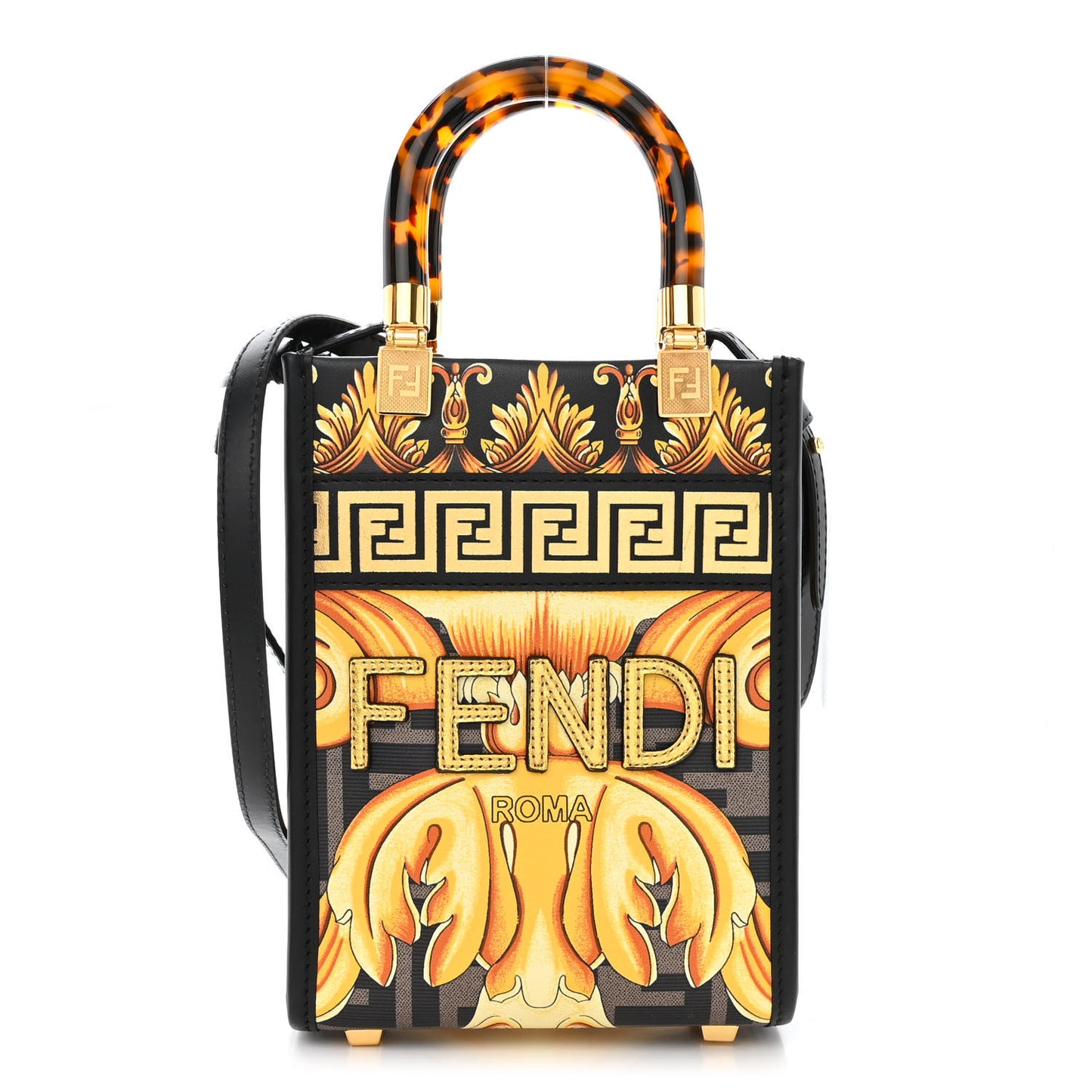 X VERSACE Vitello King Catalan Mirror Plexiglass Fendace FF Baroque Logo Mini Fendi Sunshine Shopper Tote Black Gold