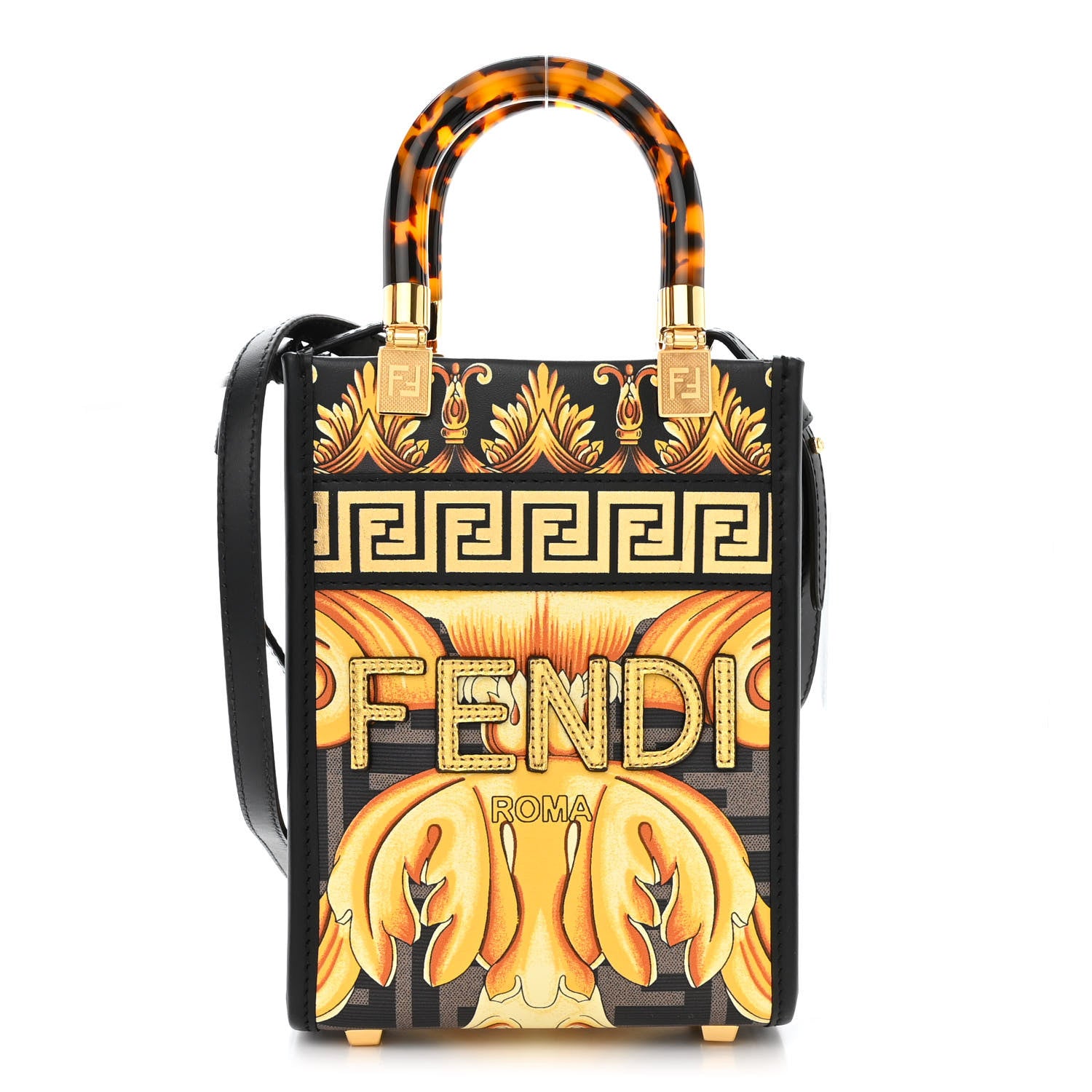 Fendi X VERSACE Vitello King Catalan Mirror Plexiglass Fendace FF Baroque Logo Mini Fendi Sunshine Shopper Tote Black Gold 1 of 11