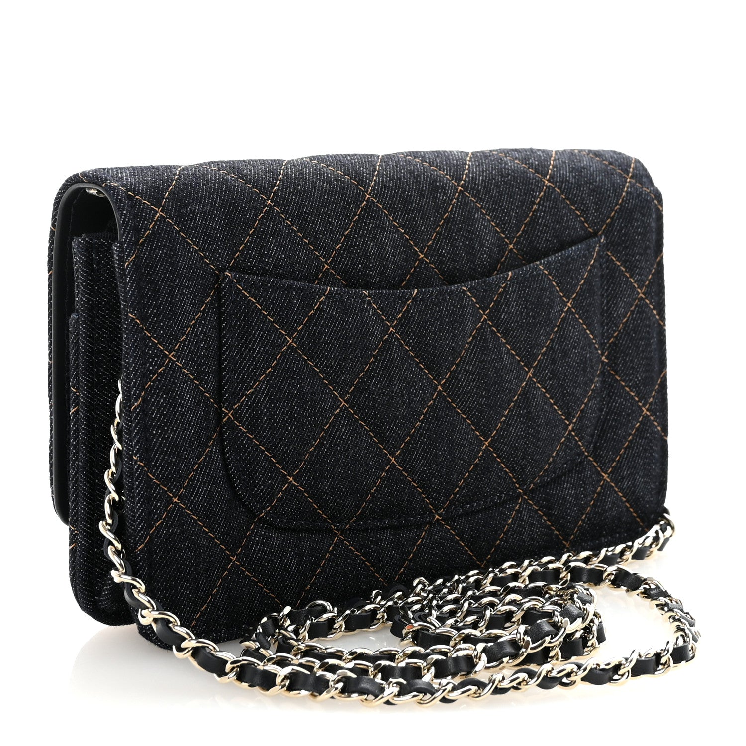 Chanel Denim Quilted CC Turnlock Wallet On Chain WOC Dark Blue Orange 3 of 12