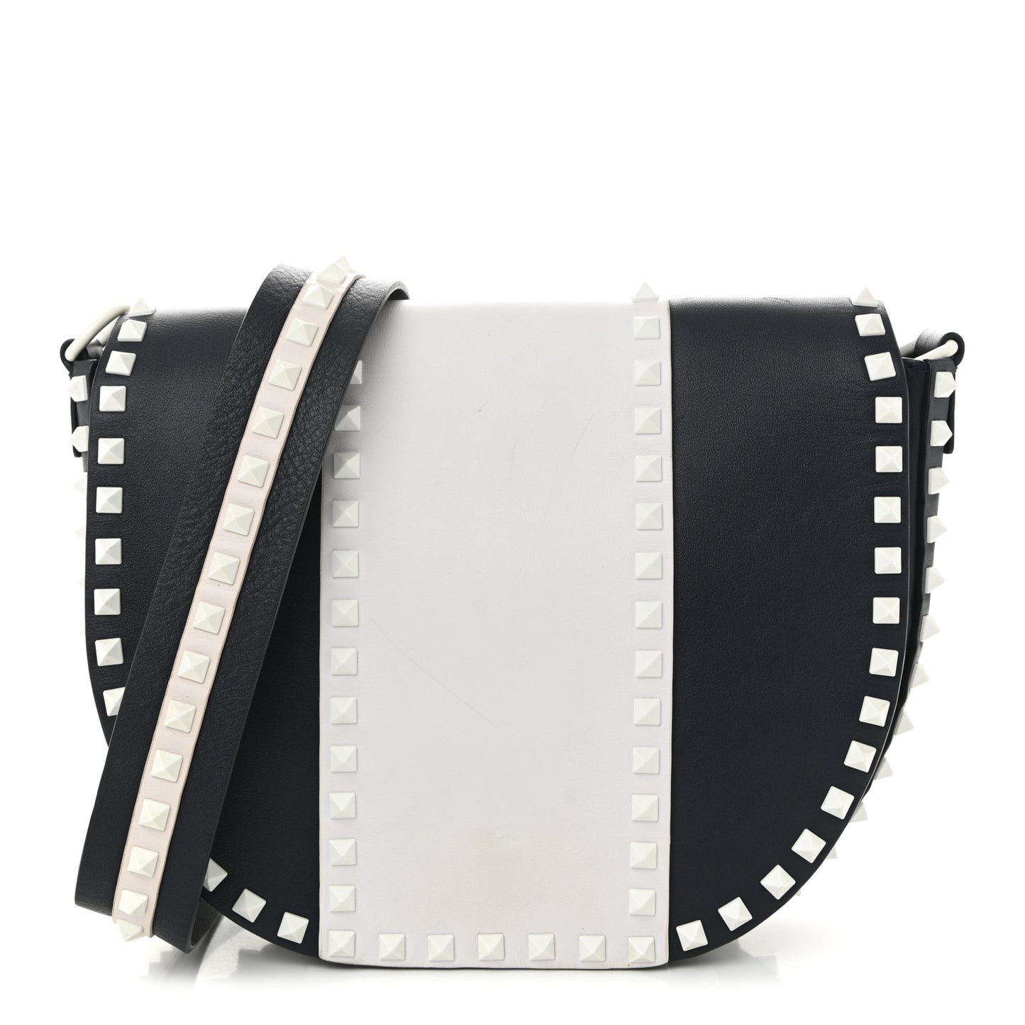 Vitello Colorblock Large Free Rockstud Halfmoon Saddle Bag Marine White