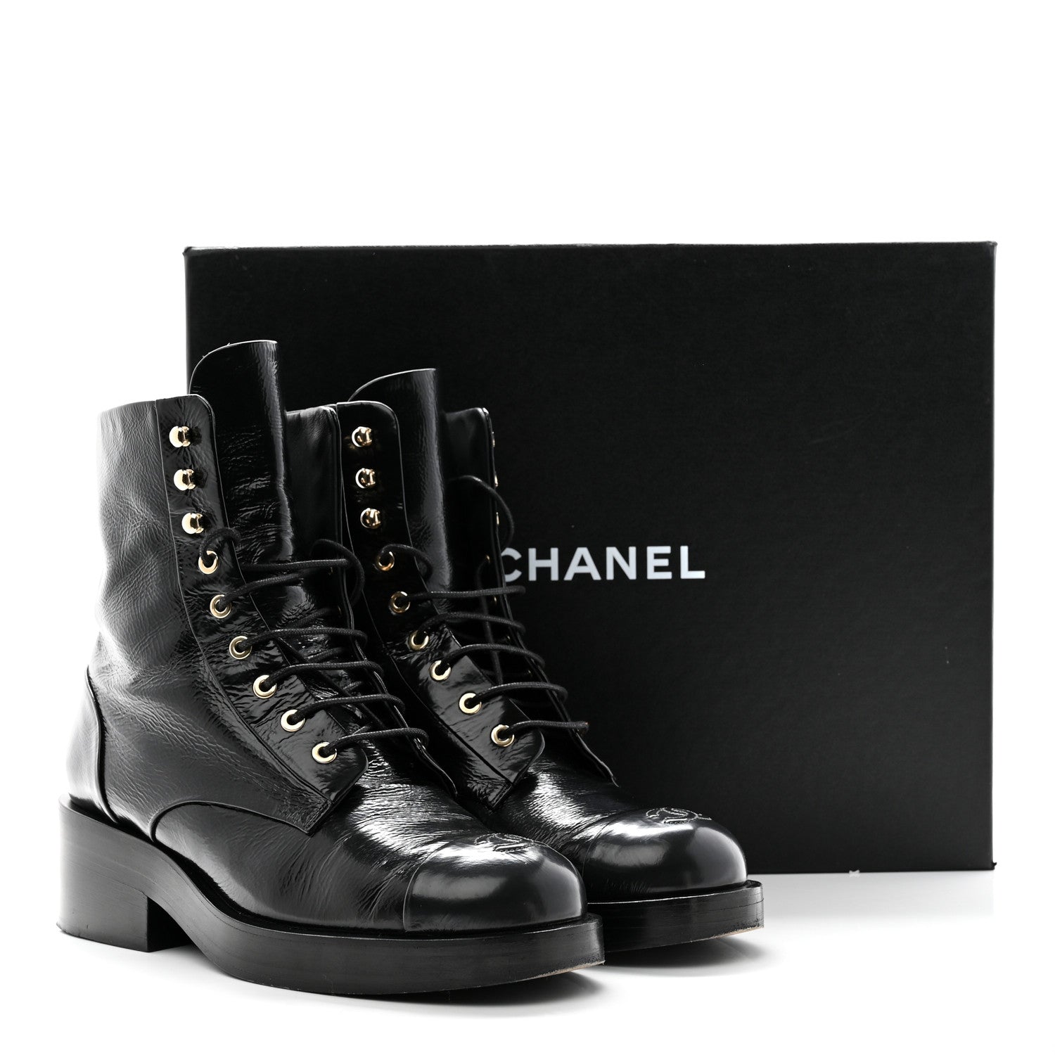 Chanel Shiny Goatskin Cap Toe Combat Boots 40.5 Black Dark Grey 19 of 19