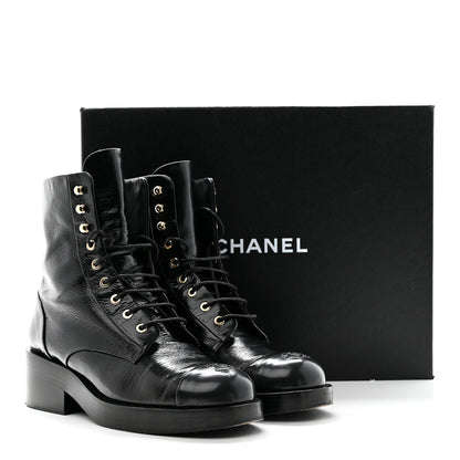 Chanel Shiny Goatskin Cap Toe Combat Boots 40.5 Black Dark Grey 19 of 19