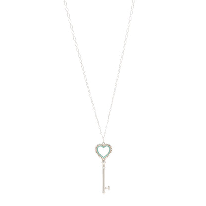 Tiffany Sterling Silver Enamel Beaded Heart Key Pendant Necklace Blue 1 of 7