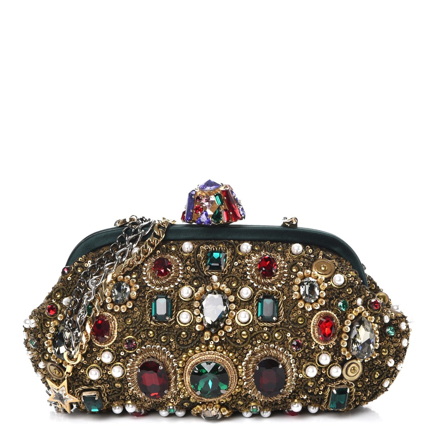 Satin Sequin Crystal Embellished Chain Clutch Green Multicolor