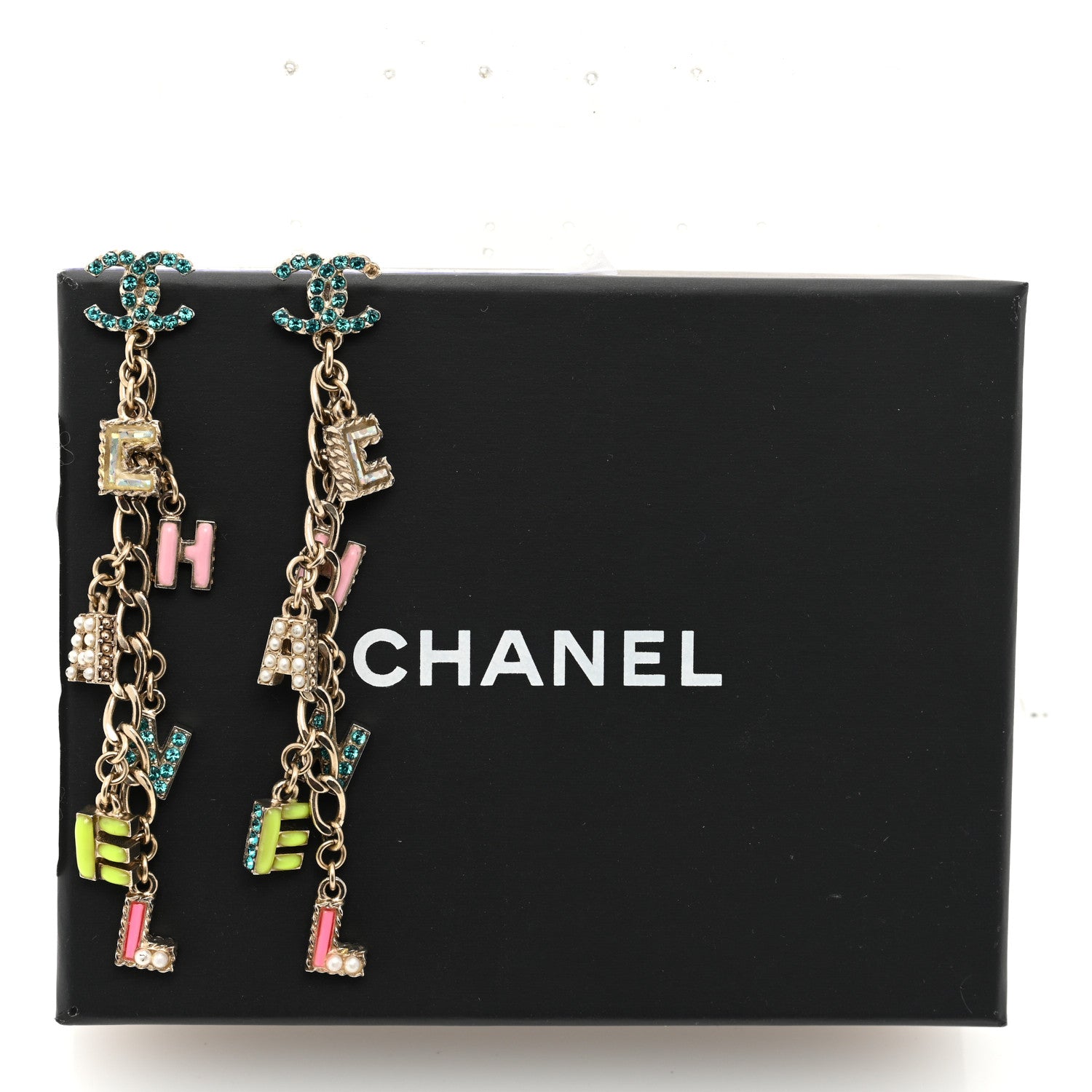 Chanel Metal Crystal Pearl Enamel Logo Chain Drop Earrings Gold Multicolor 5 of 5