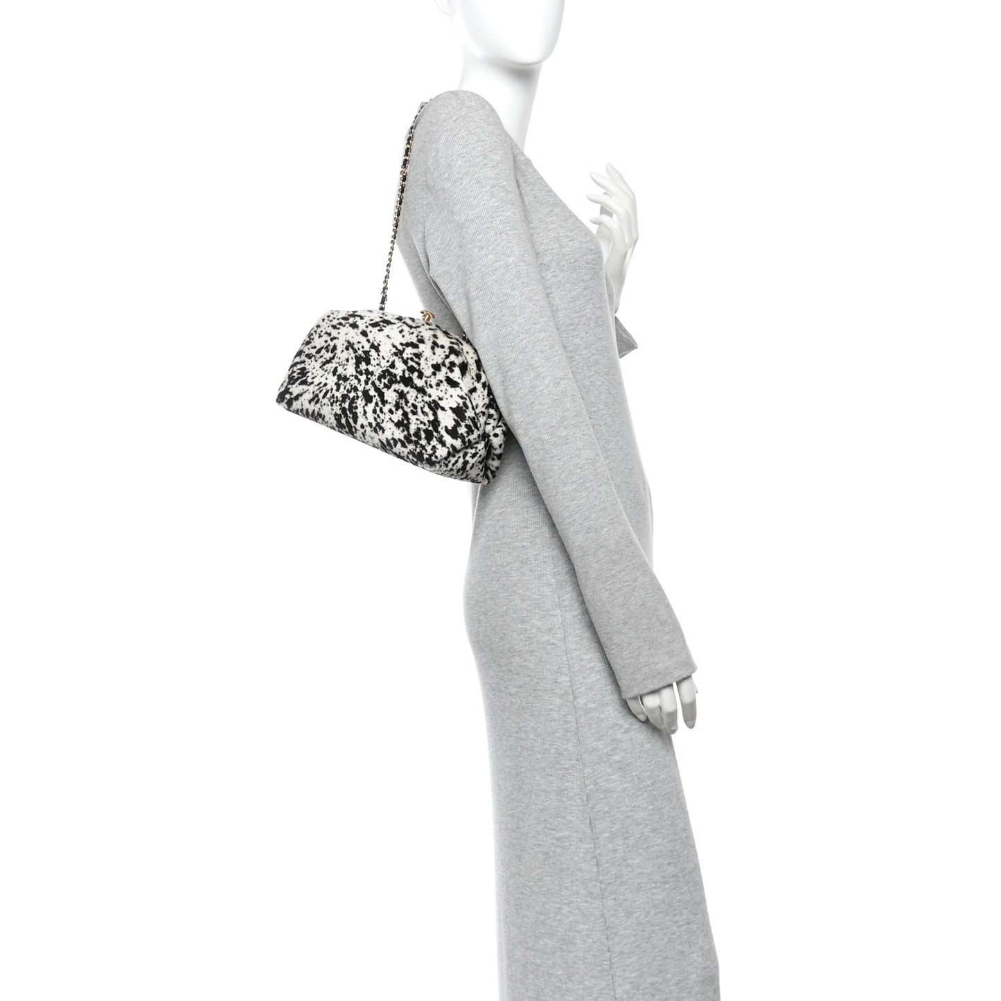 Pony Hair Printed Clutch With Chain Black White