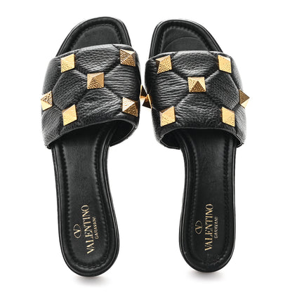 Valentino Garavani Pebbled Calfskin Roman Stud Flat Slide Sandals 37.5 Black 2 of 10