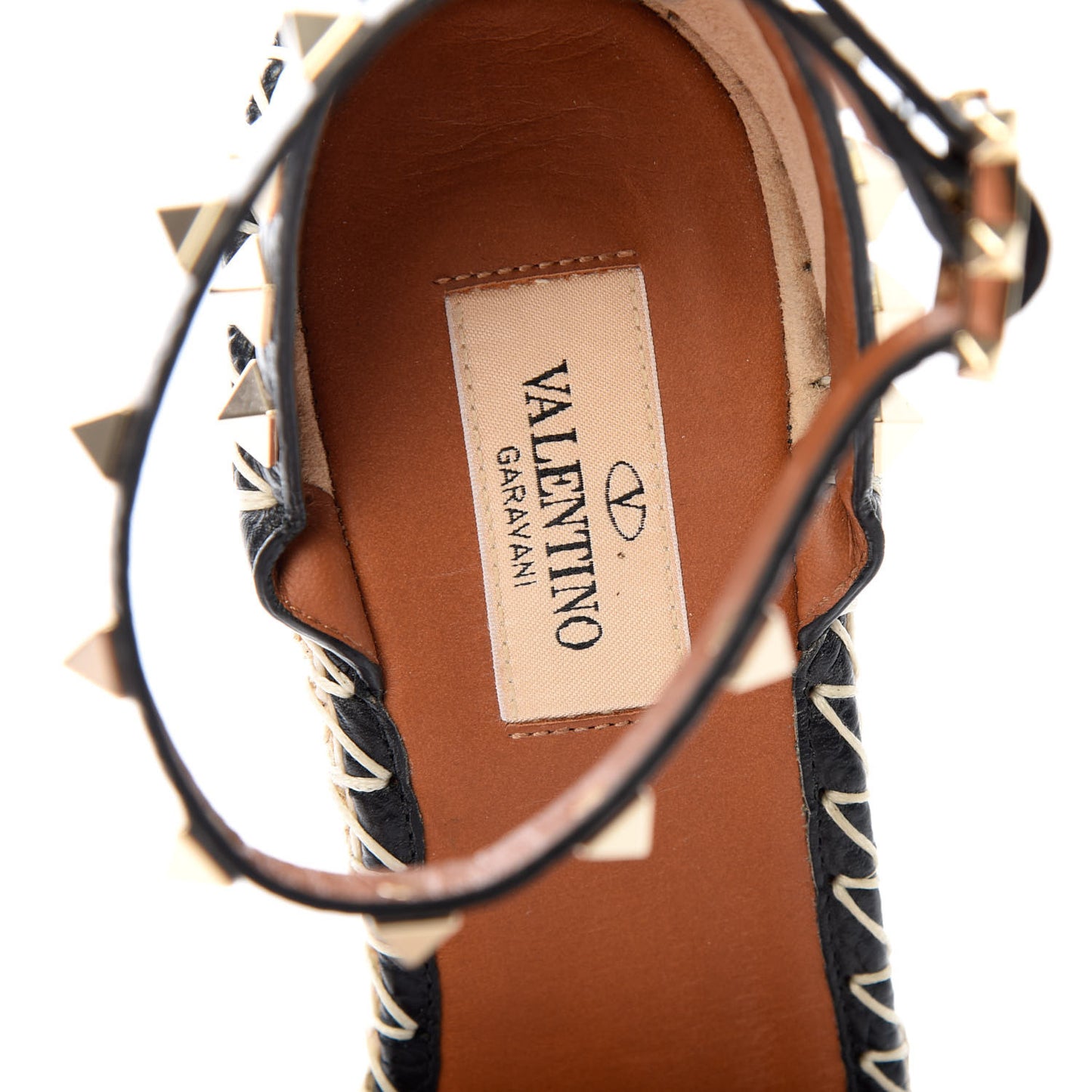 Grained Calfskin Rockstud Ankle Strap Espadrille 15/105mm Wedge Sandals 37 Black Light Cuir Natural