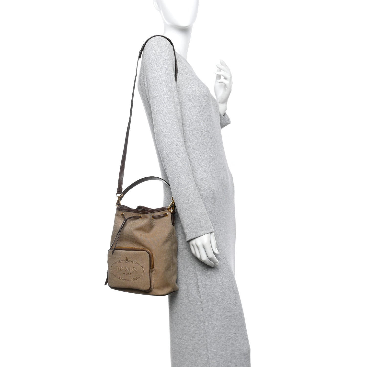 PRADA ベージュ バケットバッグ Prada Jacquard Logo Mini Bucket Crossbody Bag Corda Bruciato