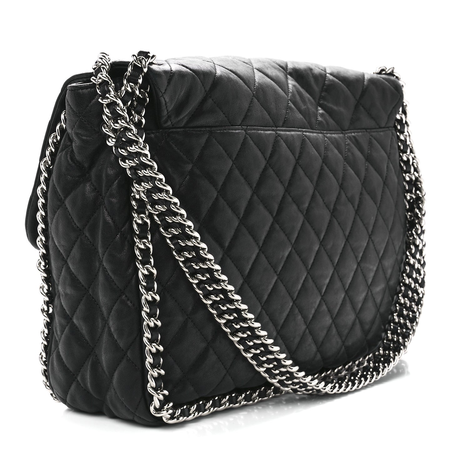 Washed Lambskin Chain Around Maxi Flap Bag Black