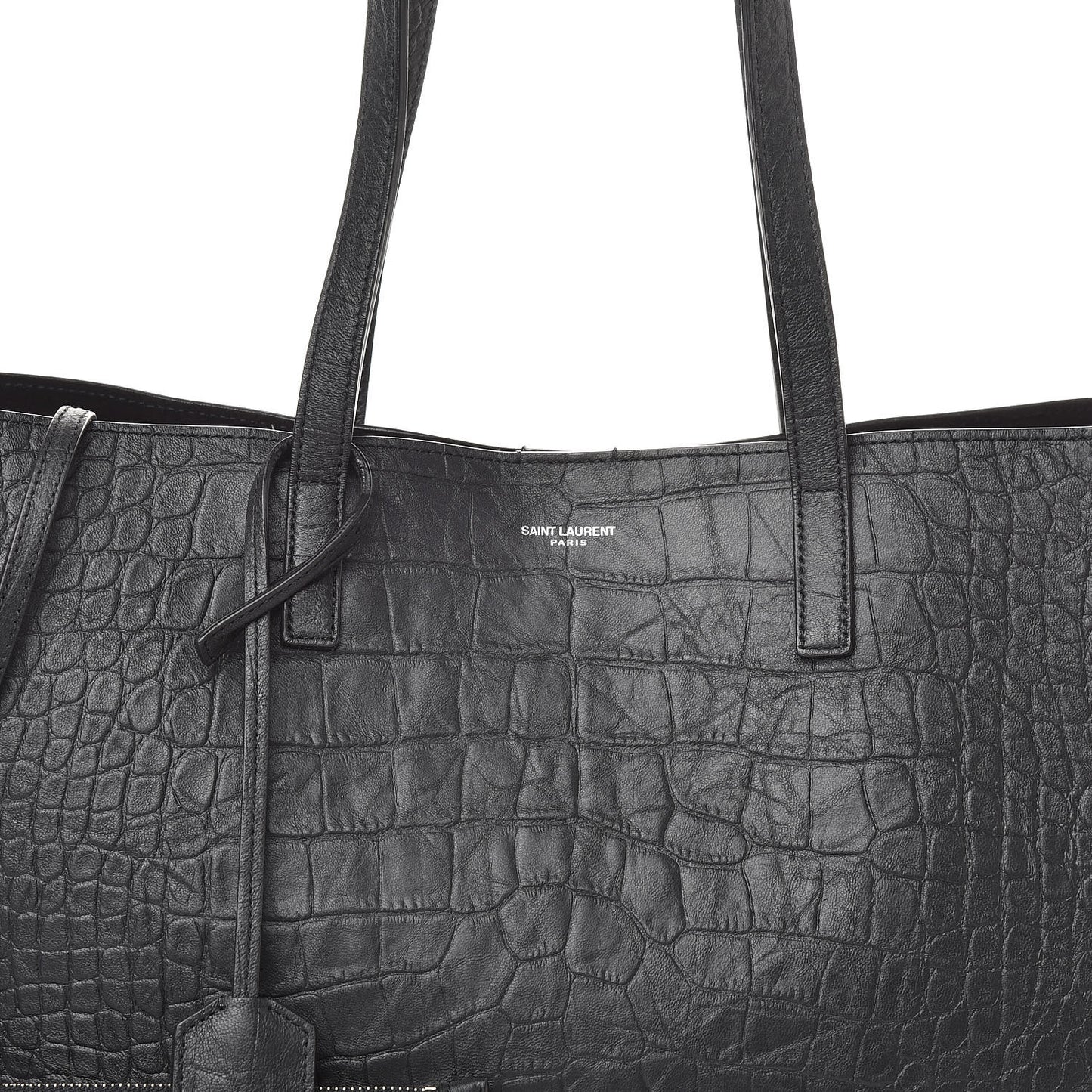 Calfskin Crocodile Embossed Large Shopper Tote Black