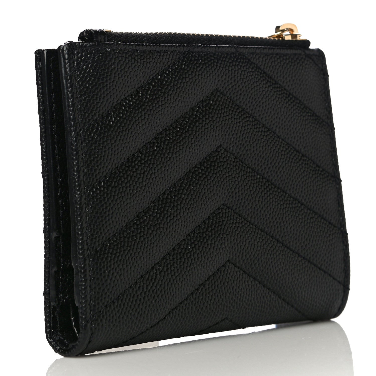 Saint Laurent Grain De Poudre Matelasse Chevron Monogram Zipped Card Case Black 3 of 10