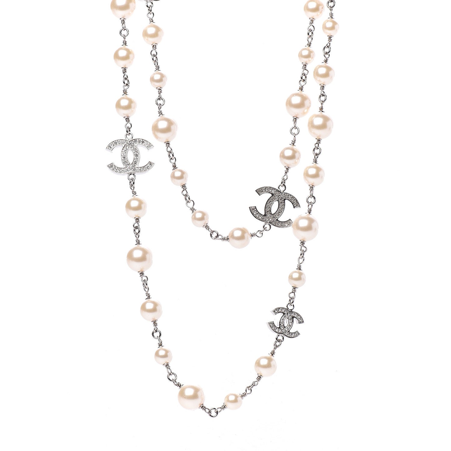 Graduated Pearl Crystal CC Long Necklace Silver