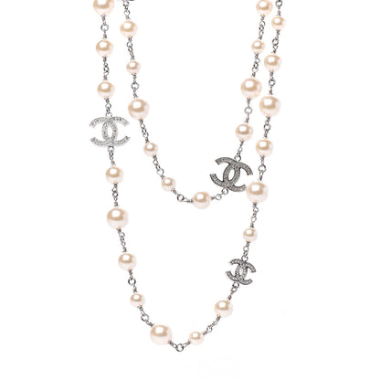 Chanel Graduated Pearl Crystal CC Long Necklace Silver 1 of 3