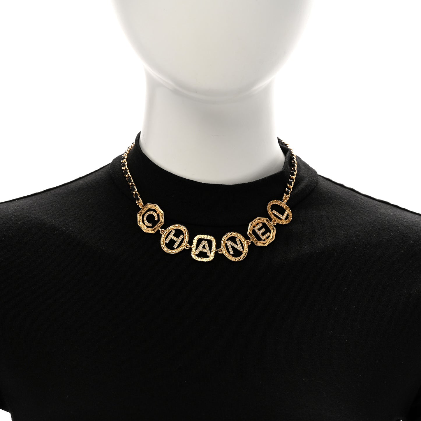 Metal Lambskin Crystal Chain Logo Choker Necklace Gold Black