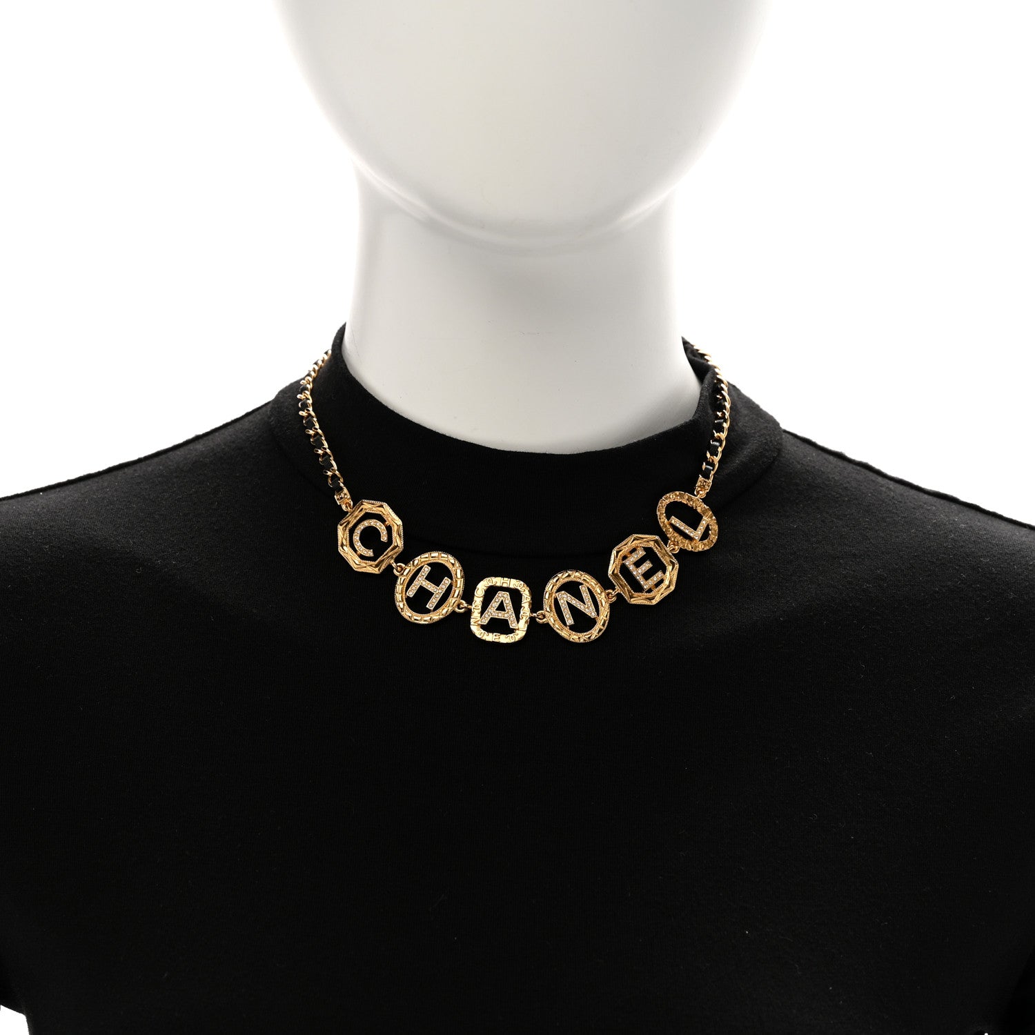 Chanel Metal Lambskin Crystal Chain Logo Choker Necklace Gold Black 2 of 5