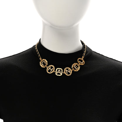 Chanel Metal Lambskin Crystal Chain Logo Choker Necklace Gold Black 2 of 5