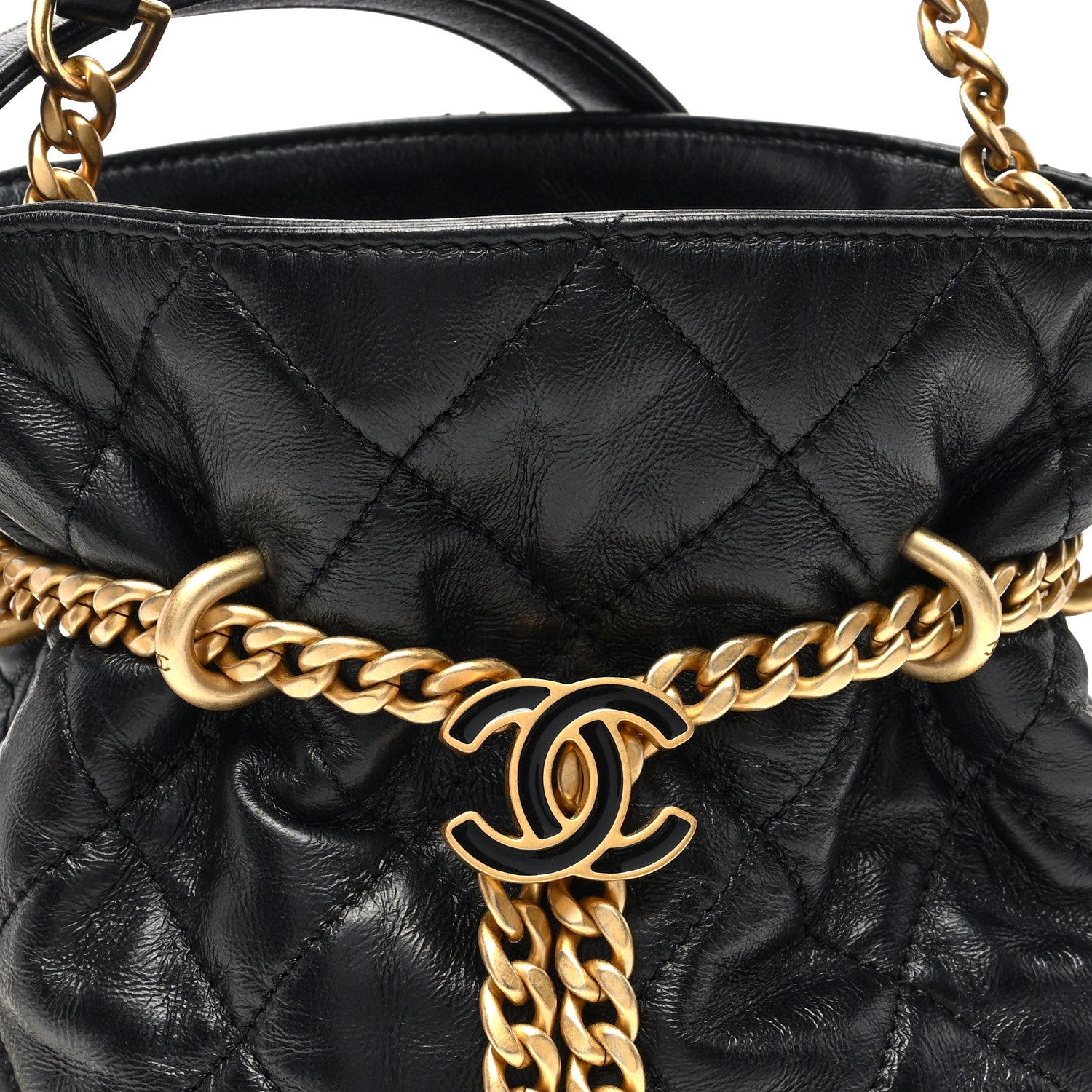 Chanel Lambskin Enamel Quilted Pending CC Bucket Drawstring Bag Black 8 of 10