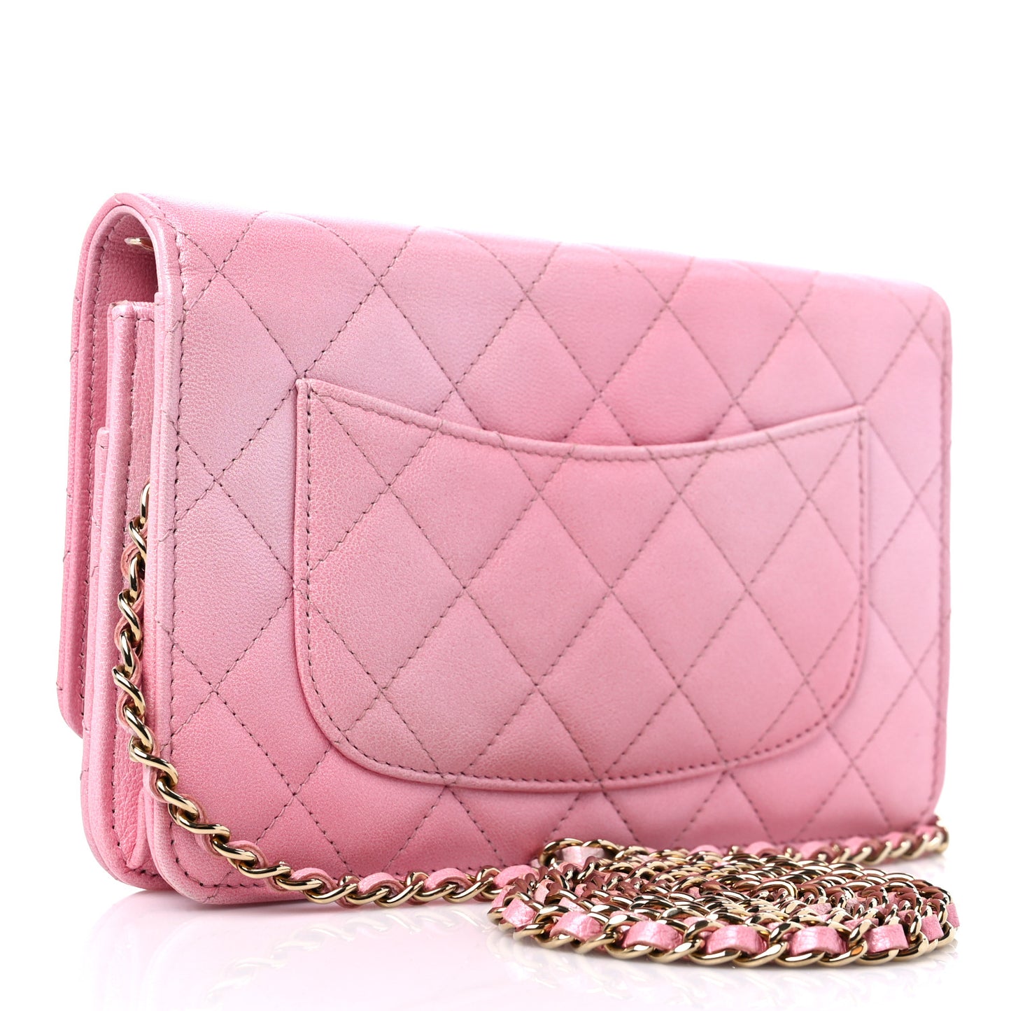 Cloudy Pearly Goatskin Quilted Wallet on Chain WOC Light Pink