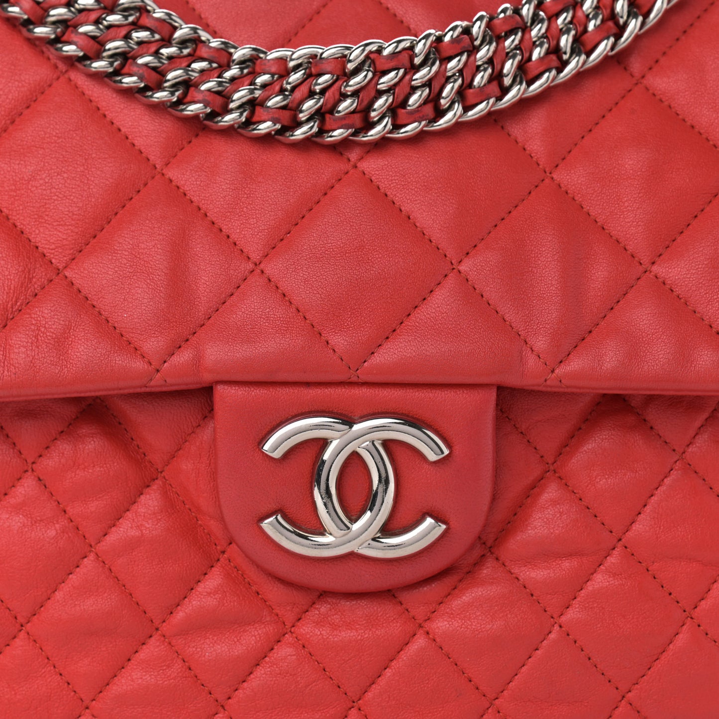 Washed Lambskin Quilted Maxi Chain Around Flap Red