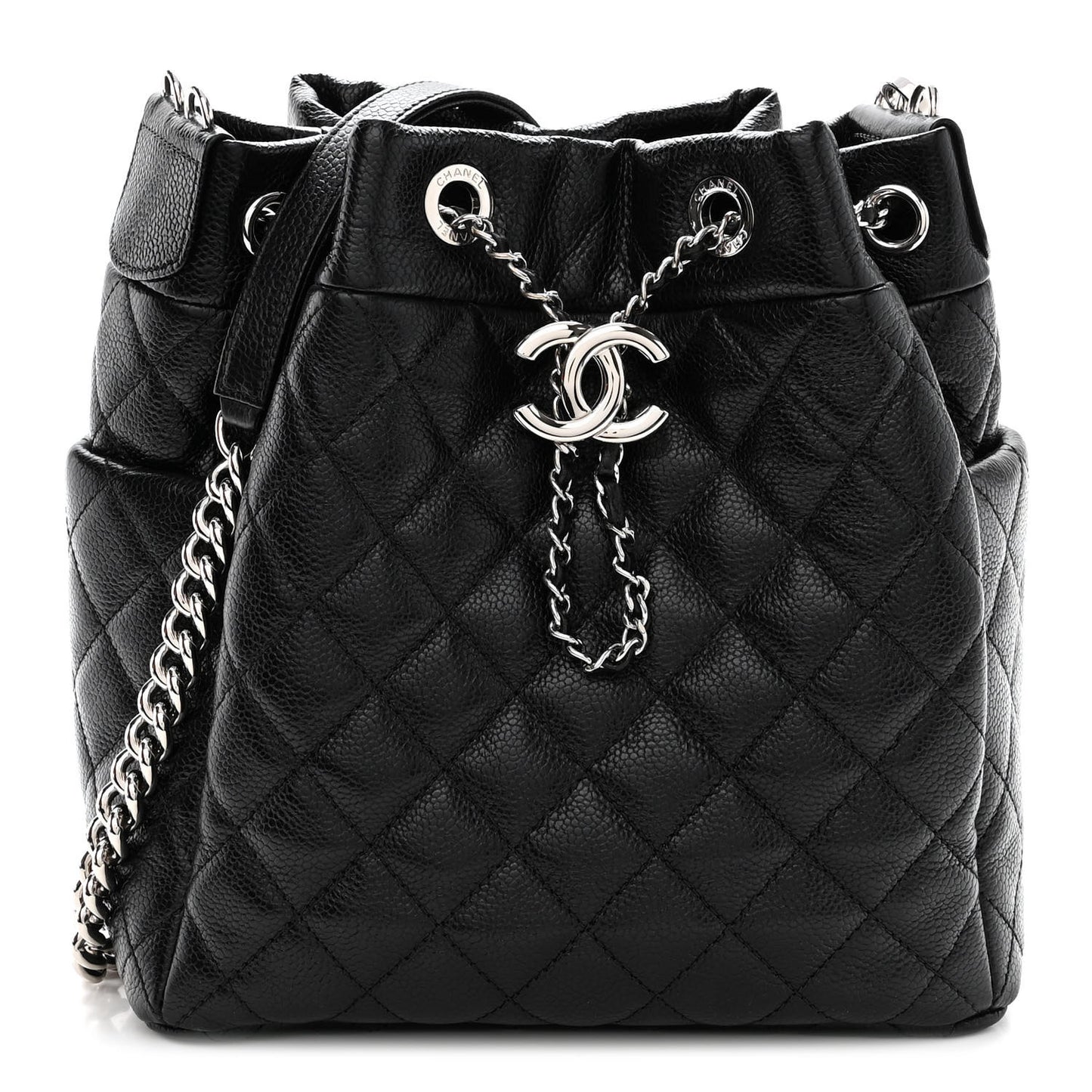 Caviar Quilted Small Chain Bucket Bag Black