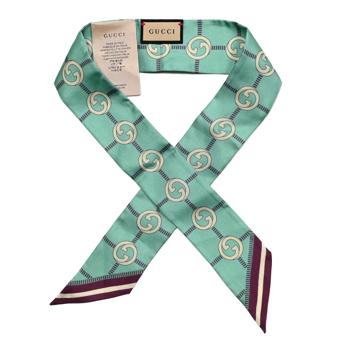 Gucci Silk Twill Networkina Neck Bow Scarf Teal Dark Purple 1 of 3