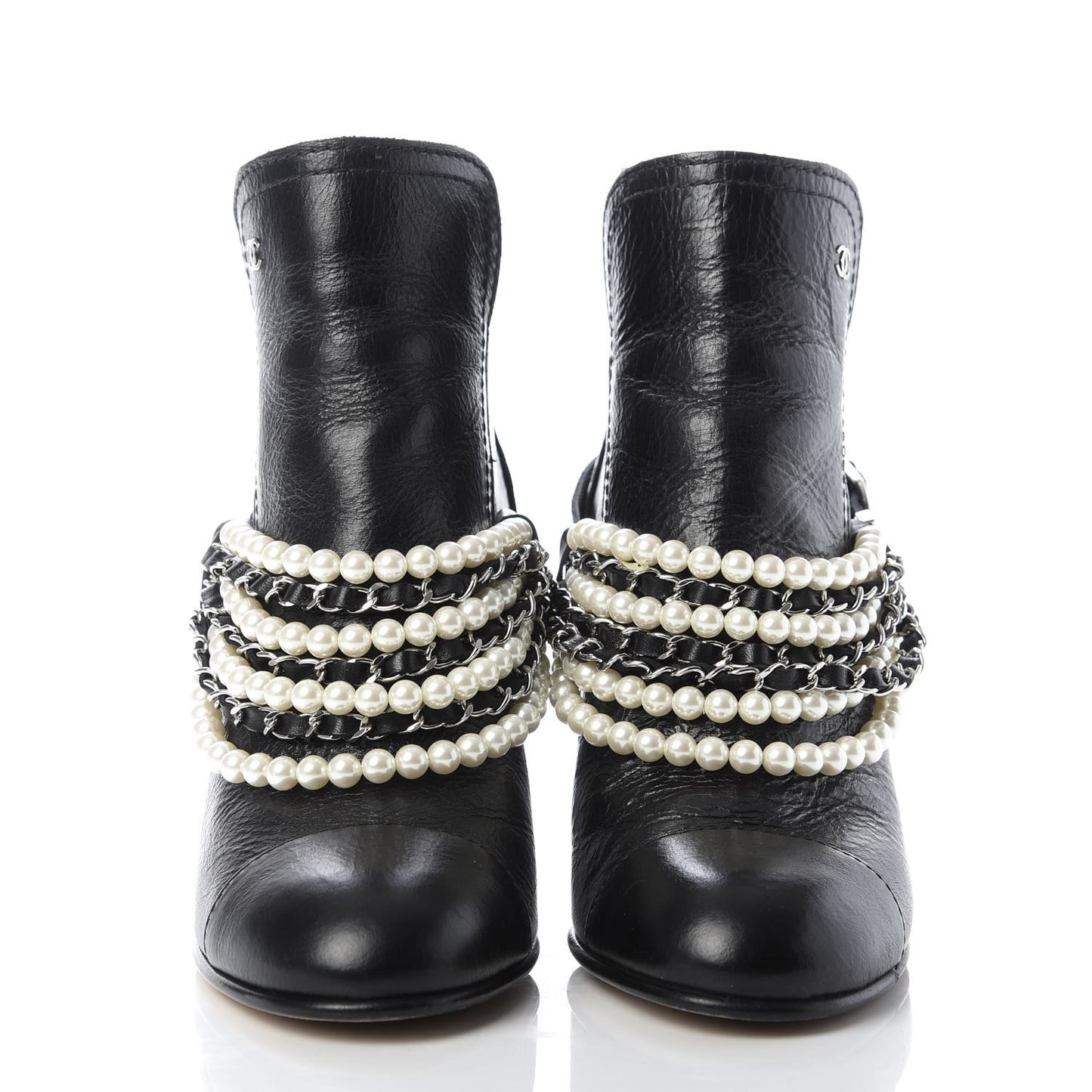 Calfskin Pearl Cap Toe Short Boots 38.5 Black
