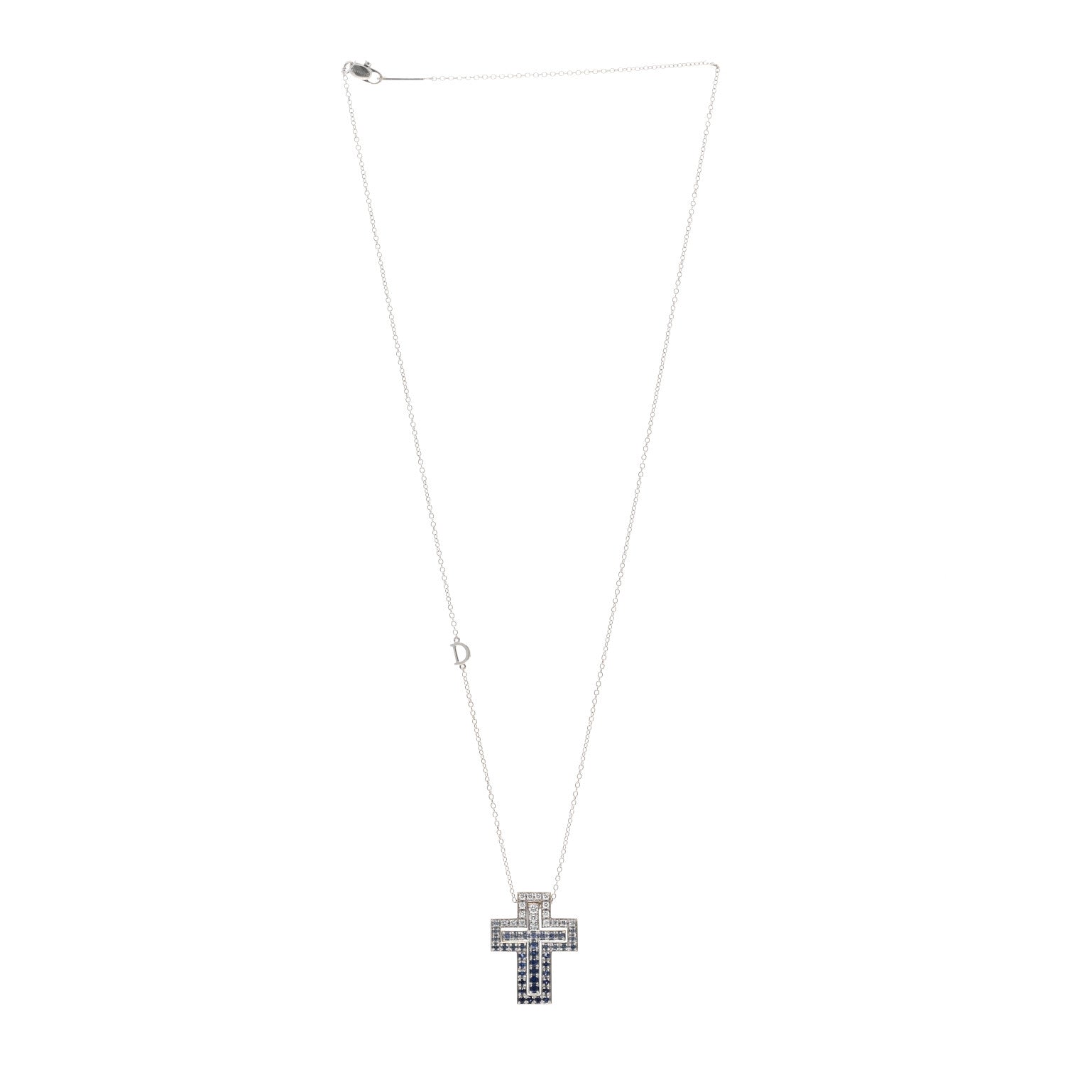 Damiani 18K White Gold Diamond Blue Sapphire Belle Epoque Cross Pendant Necklace 3 of 5