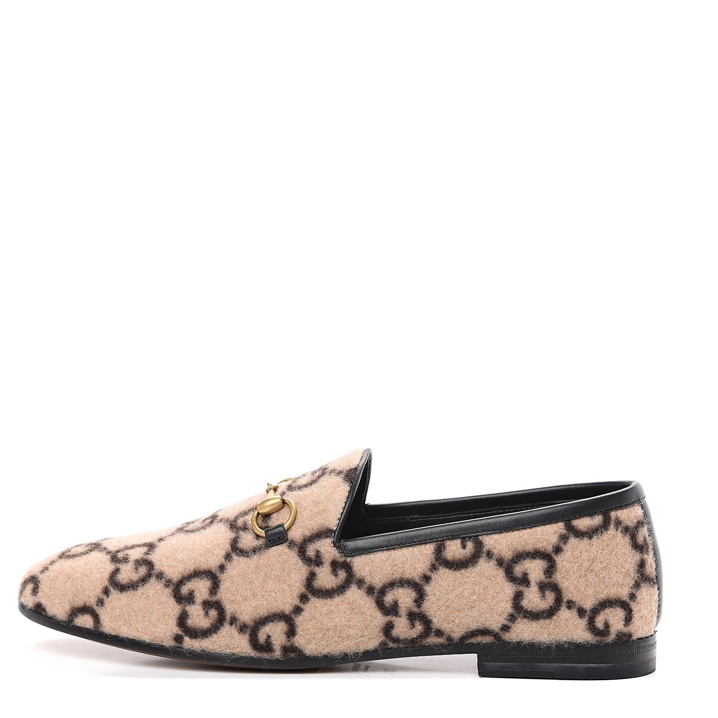 Covered Wool GG Monogram Womens Jordaan Loafers 38.5 Beige Ebony Black