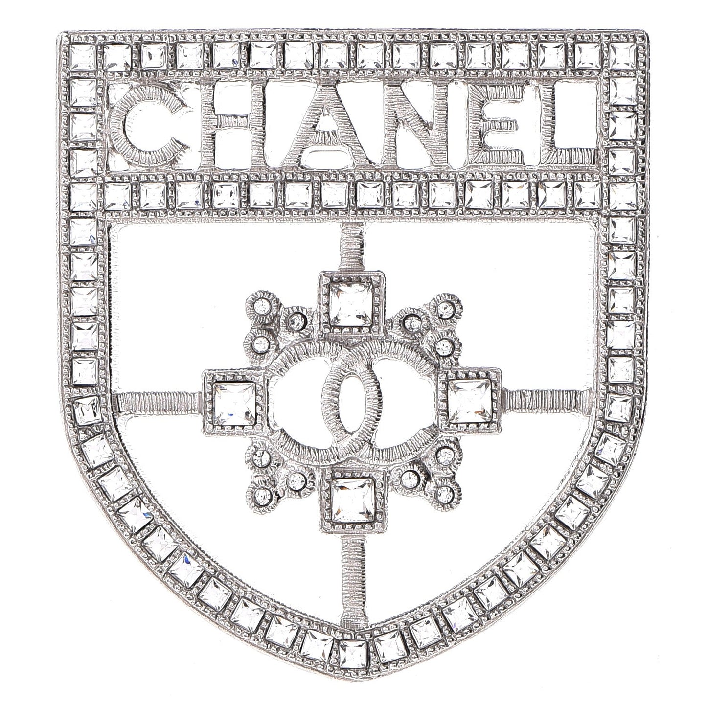 Swarovski Baguette Crystal CC Shield Brooch Silver