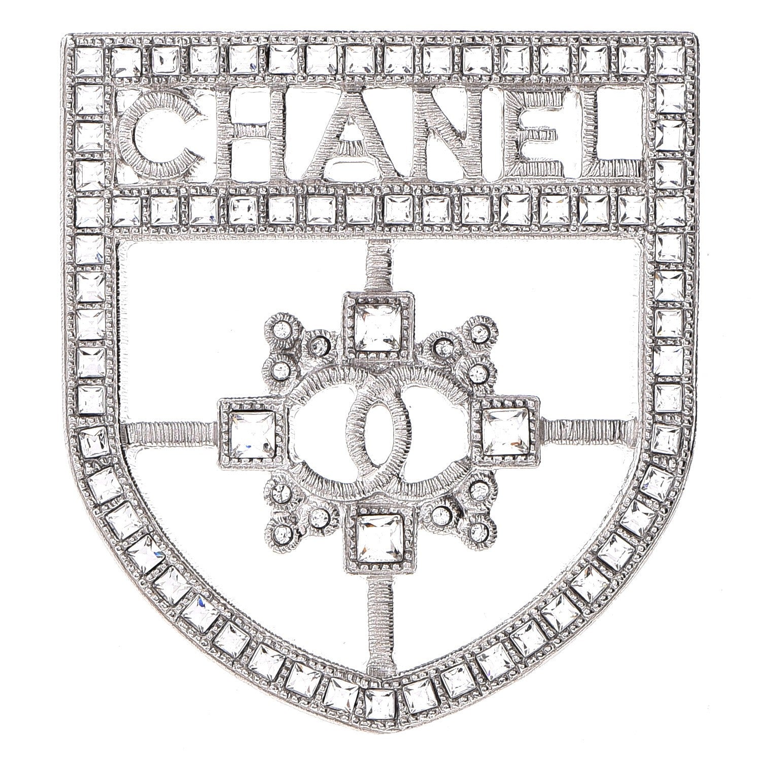 Chanel Swarovski Baguette Crystal CC Shield Brooch Silver 1 of 5