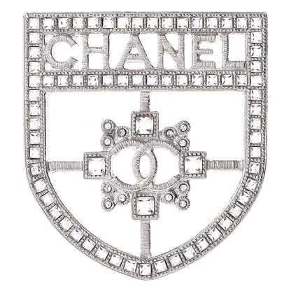 Chanel Swarovski Baguette Crystal CC Shield Brooch Silver 1 of 5