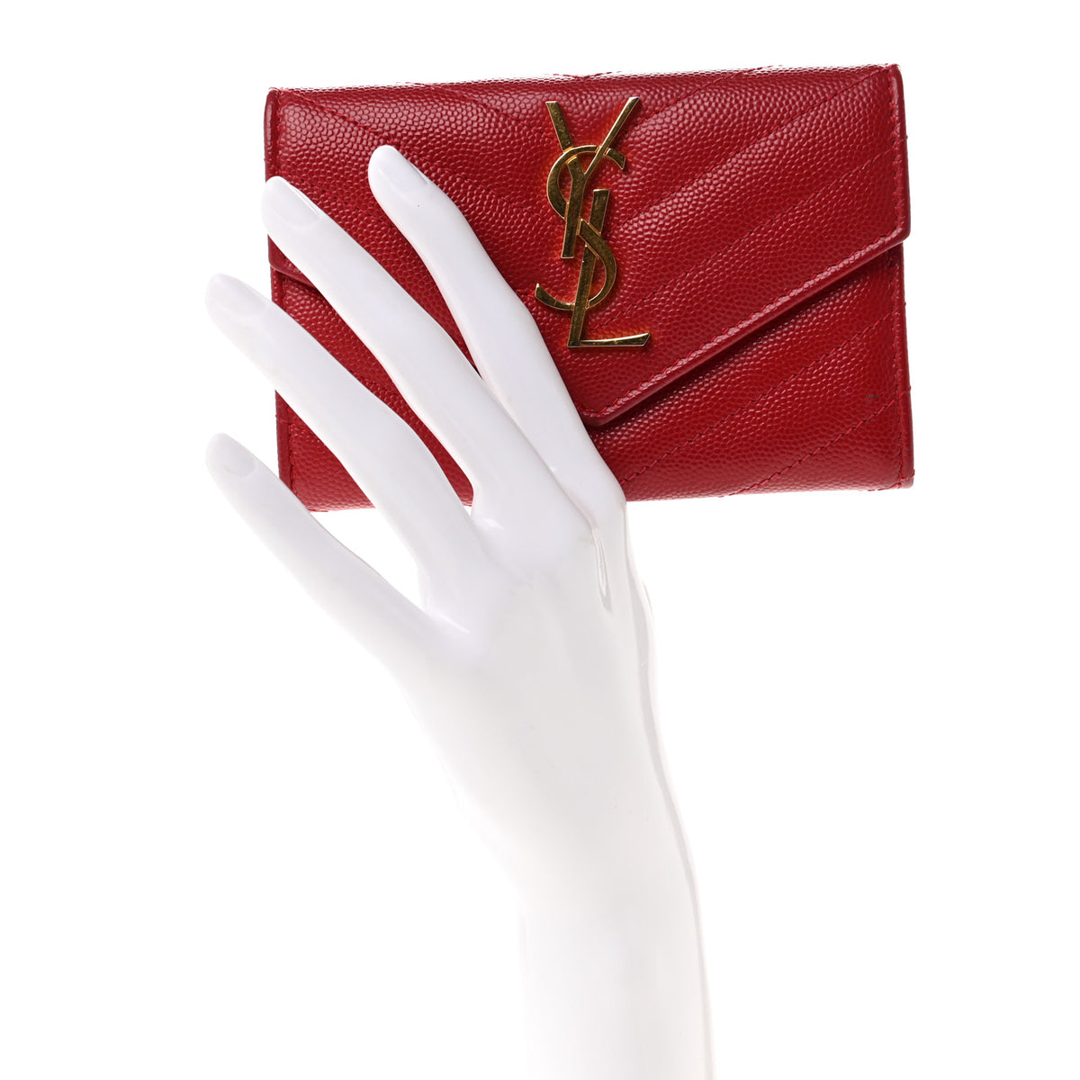 Saint Laurent Grain De Poudre Matelasse Chevron Small Monogram Envelope Wallet New Red 2 of 7