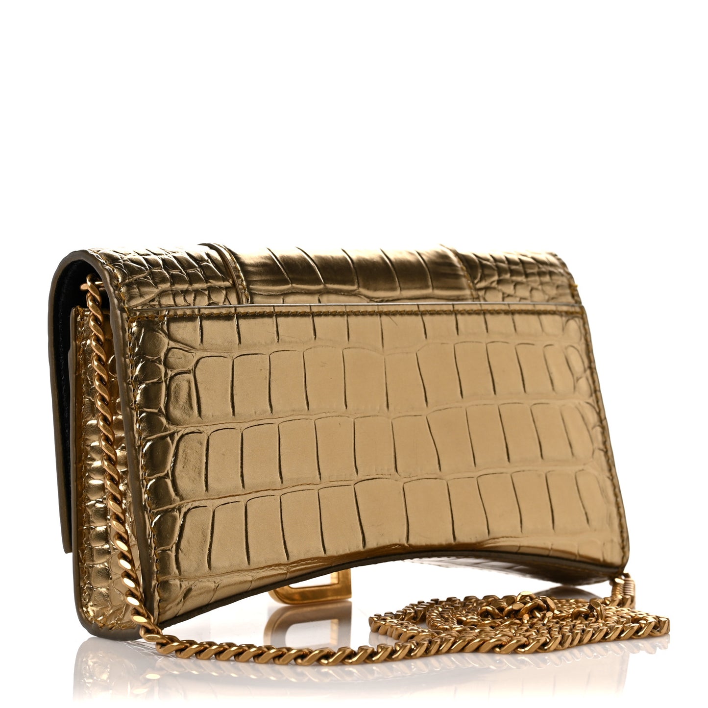 Metallic Calfskin Crocodile Embossed Hourglass Chain Bag Gold