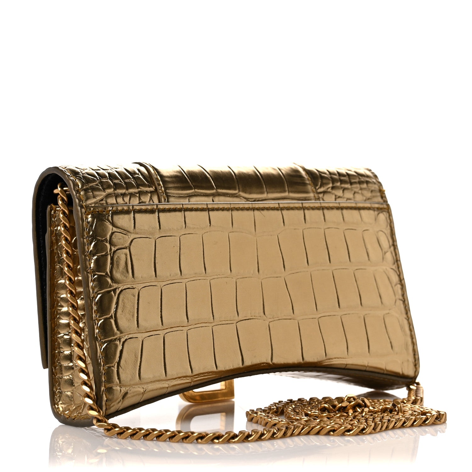 Balenciaga Metallic Calfskin Crocodile Embossed Hourglass Chain Bag Gold 3 of 8