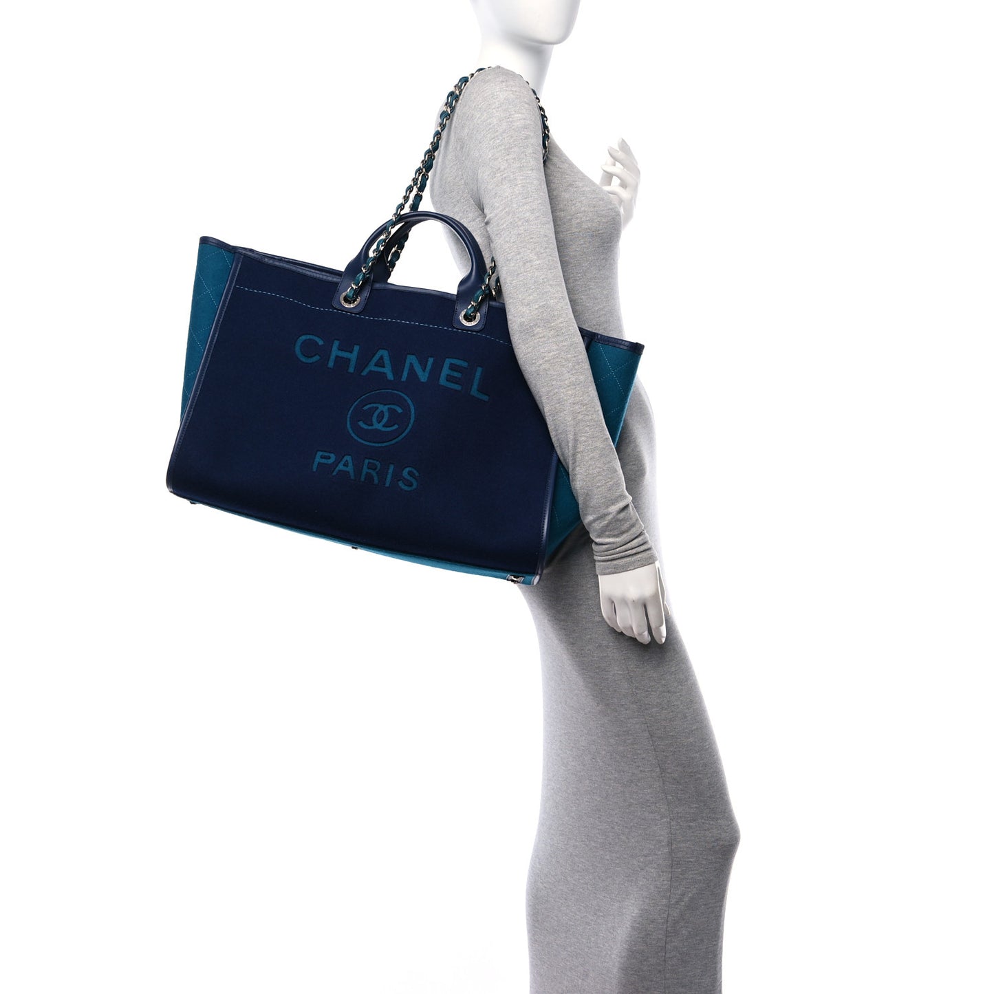 Wool Felt Calfskin Large Deauville Tote Blue Dark Blue