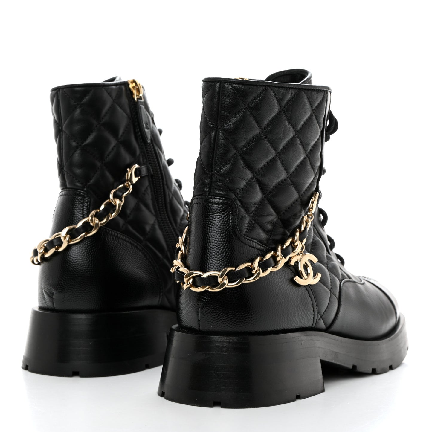 Shiny Calfskin Patent Quilted Chain Lace Up Combat Boots 36 Black